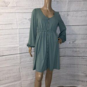 Green Button Up High Waist Long Sleeve Dress
